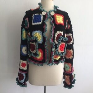 Up cycled granny square crib afghan cropped open front jacket / pockets Medium